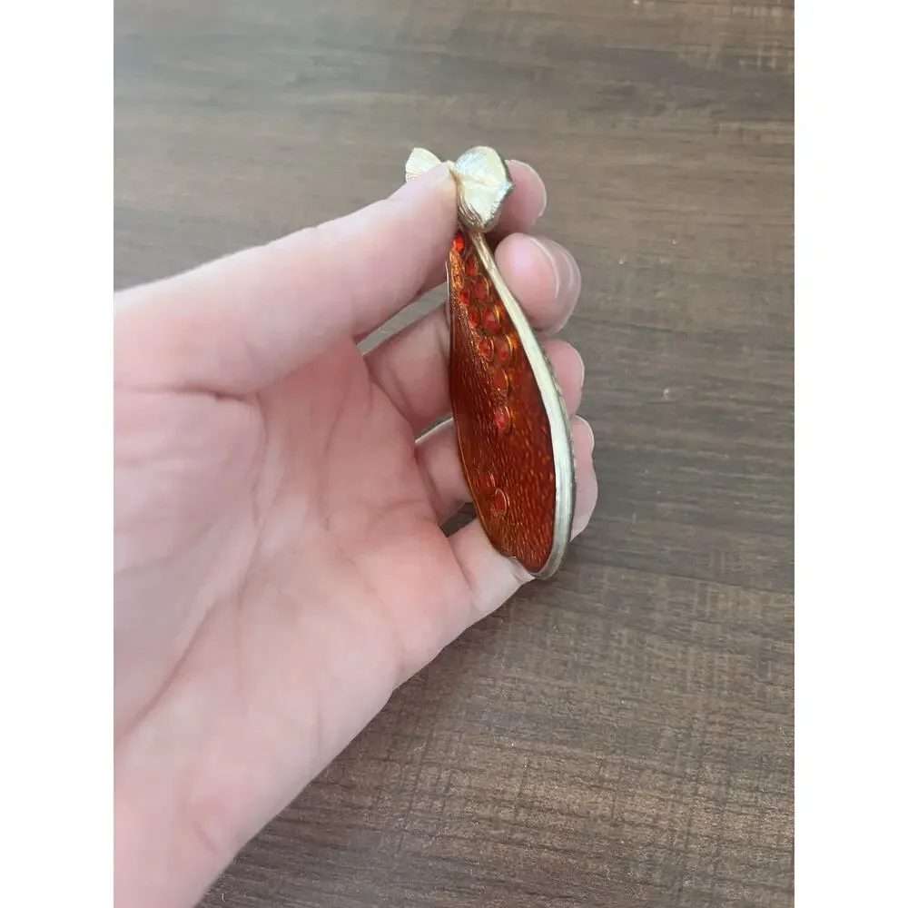 Vintage Beautiful Brass Pocket Mirror Pear Shape Orange Color Bedazzled
